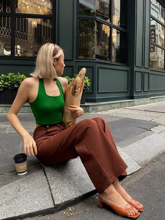 Brown Pants and Green Tank Top